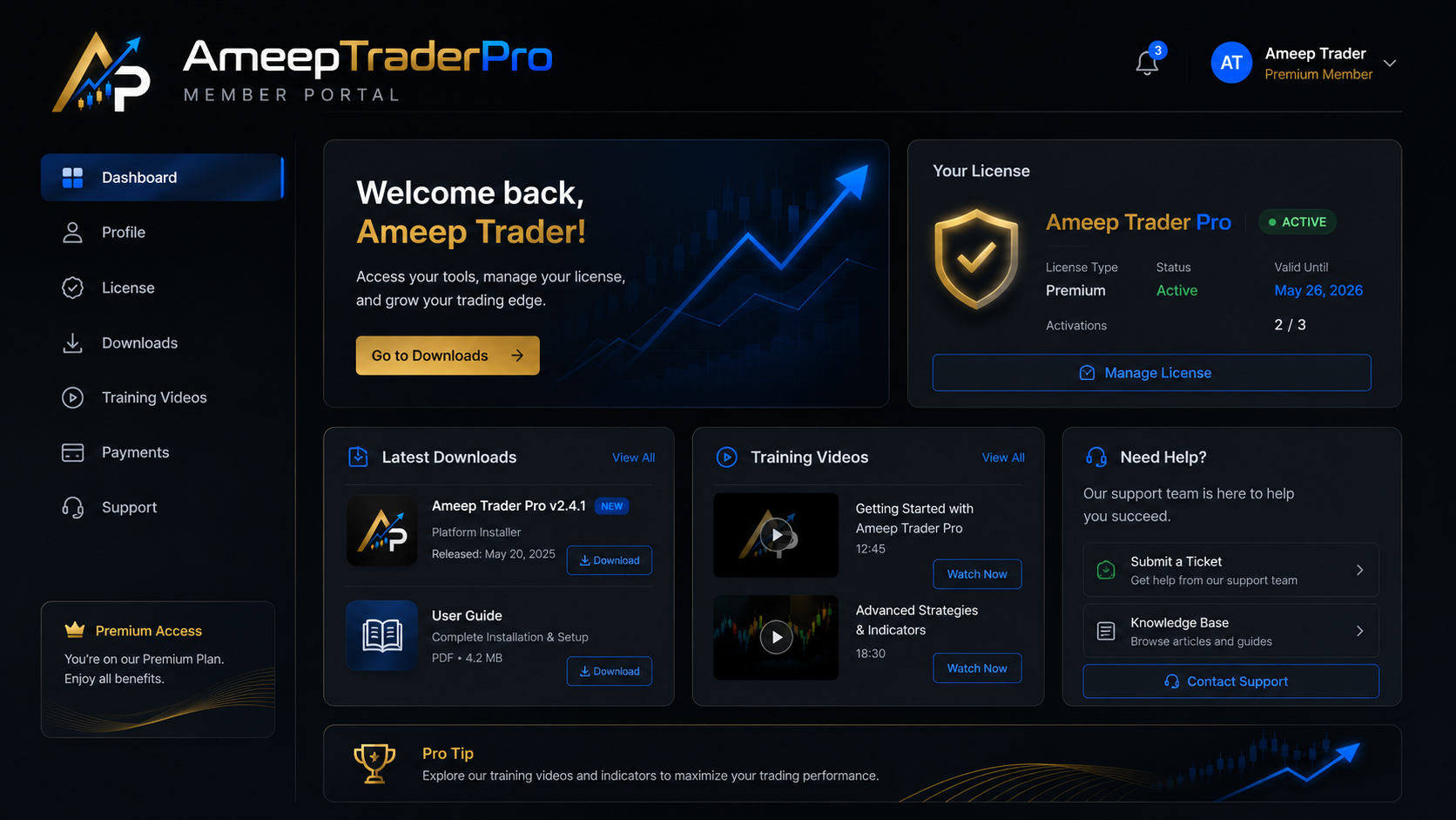Ameep Trader Pro dashboard preview